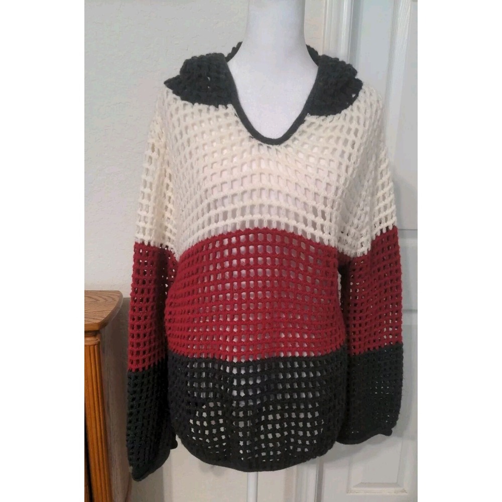 Juncture Women's Open Hole Knit Hooded Red, Black & White Sweater. Size 2X